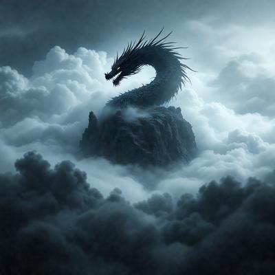 Primary subject: A dragon
Setting/background: A cloudy sky
Visual style: Digital art
Colors and mood: Dark and moody